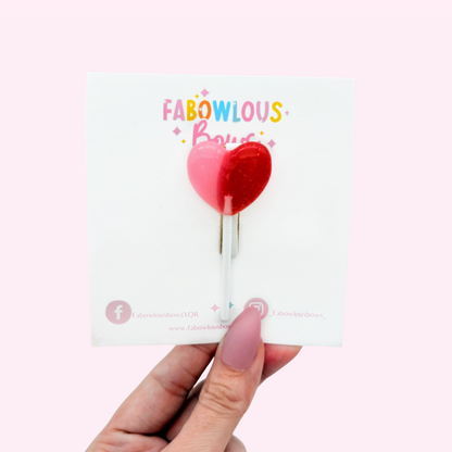 Heart Lollipop Hairclip - Glitter Red/Pink