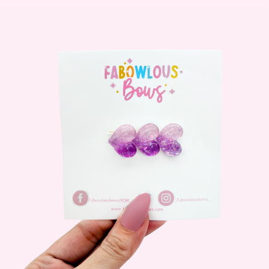 Glitter Purple Trio Hearts - Bar Clip