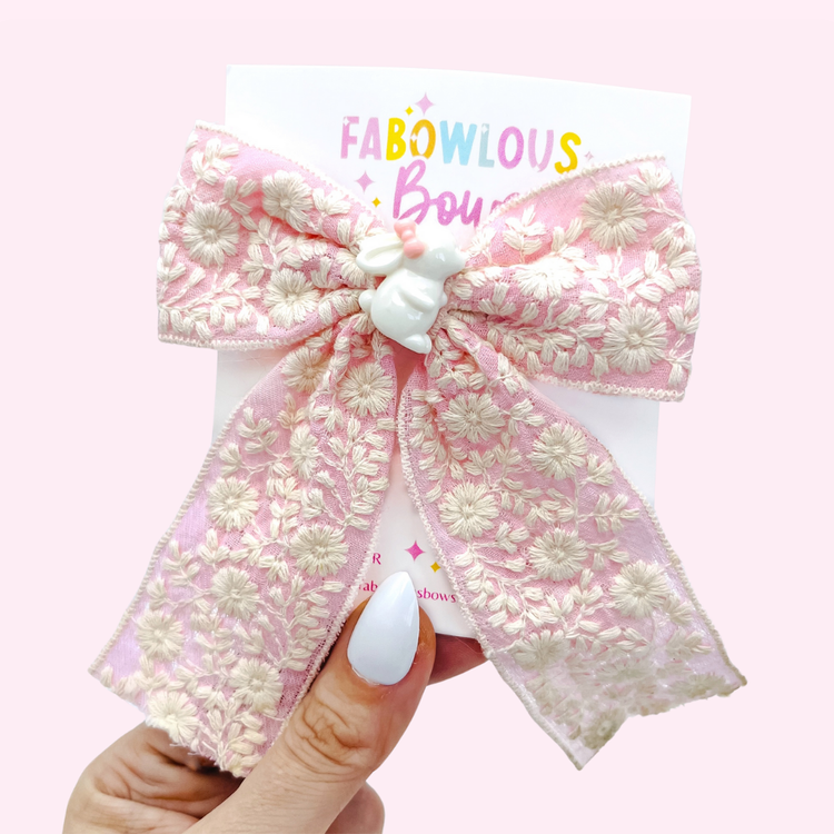 Pink Embroidered Bunny // Fabric Bow