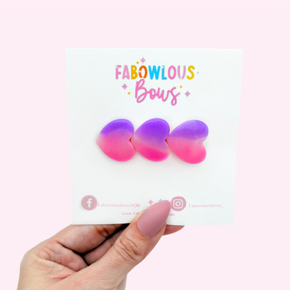 Tie Dye Trio Hearts - Pretty Pink Purple Bar Clip