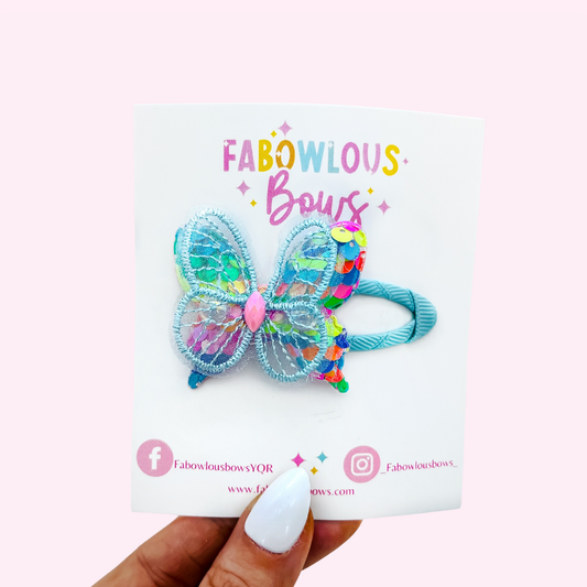 Blue Rainbow Sequin Butterfly // Fabric Snap Clip