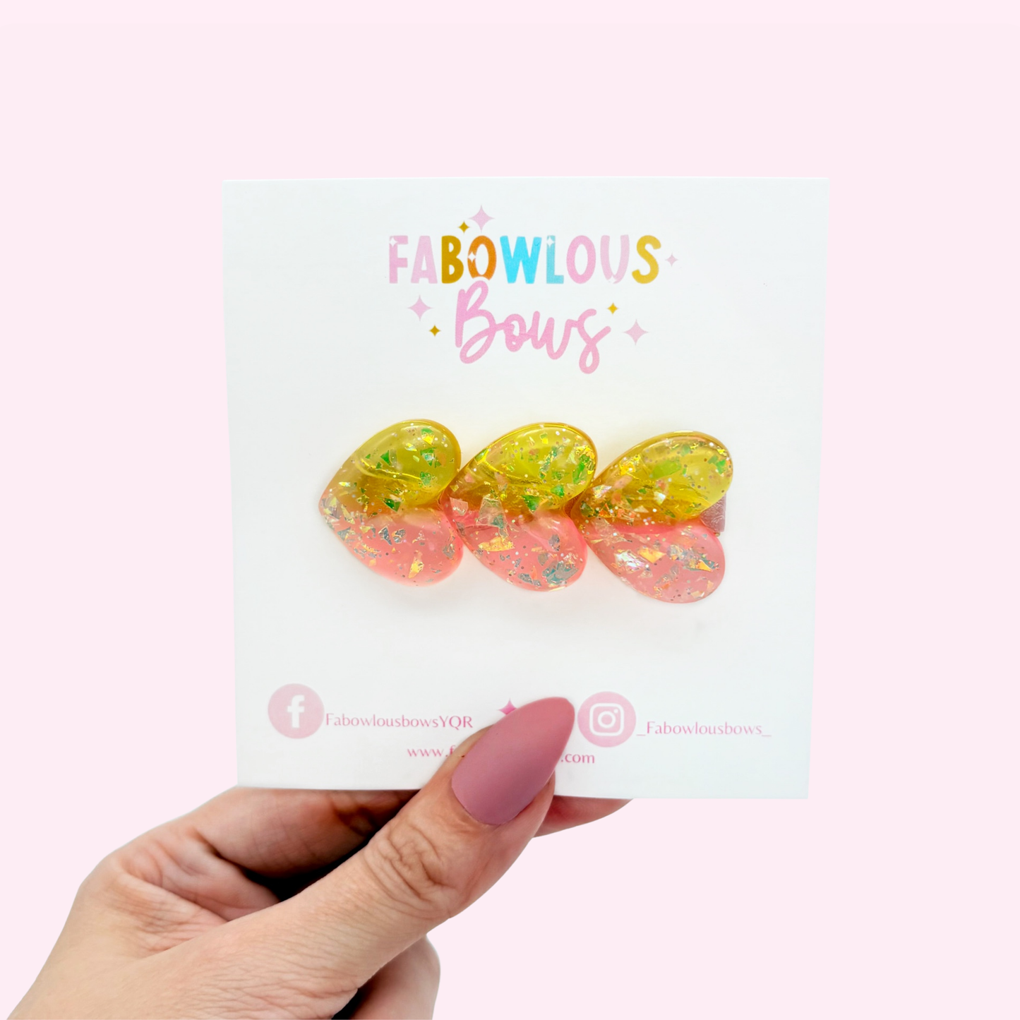Glitter Trio Hearts Yellow/Pink - Bar Clip