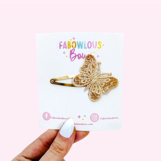 Golden Sequin Butterfly Lace // Gold Snap Clip