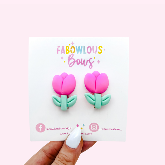 Hot Pink Tulips // Bar Clip Pigtail Set