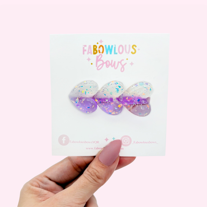 Glitter Trio Hearts Purple/White - Bar Clip
