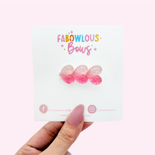 Glitter Pink Trio Hearts - Bar Clip