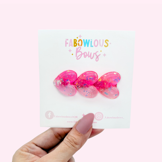Glitter Trio Hearts Hot Pink/Pink - Bar Clip