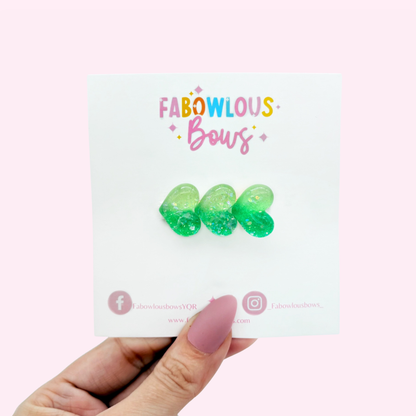 Glitter Green Trio Hearts - Bar Clip