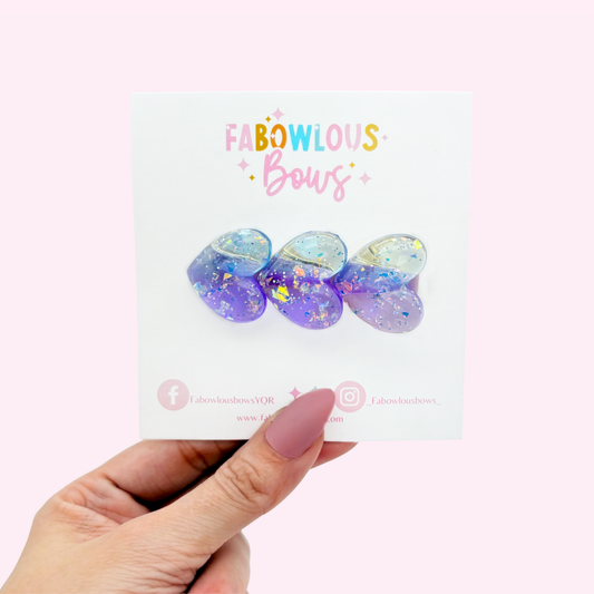 Glitter Trio Hearts Purple/Blue - Bar Clip
