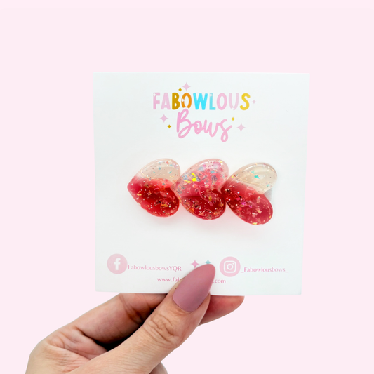 Glitter Trio Hearts Red/White - Bar Clip