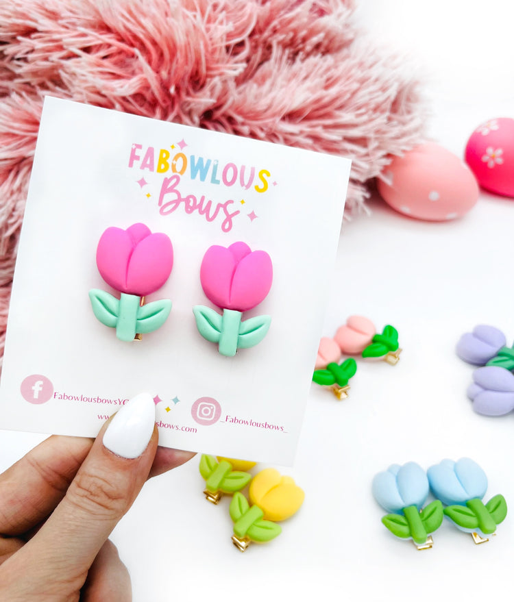 Pink Tulips // Bar Clip Pigtail Set