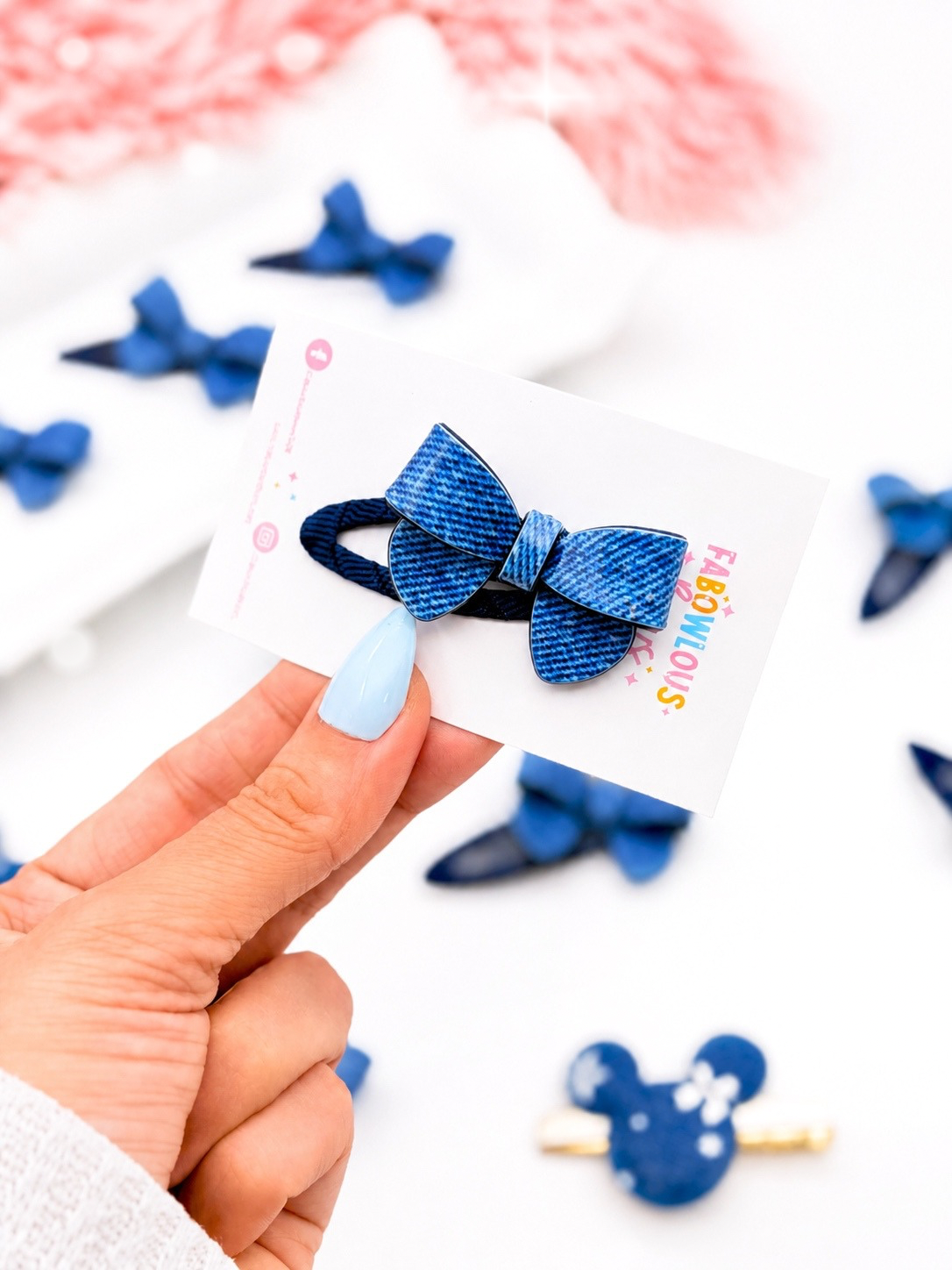 Dark Denim Acrylic Bow • Open Snap Clip