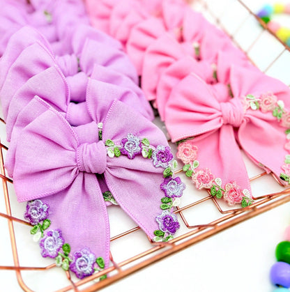 Linen Embroidery Floral • Pink or Purple Fabric Fable Bow